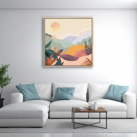Boho abstract landscape with pastel hills, botanical motifs, and warm luminous orb