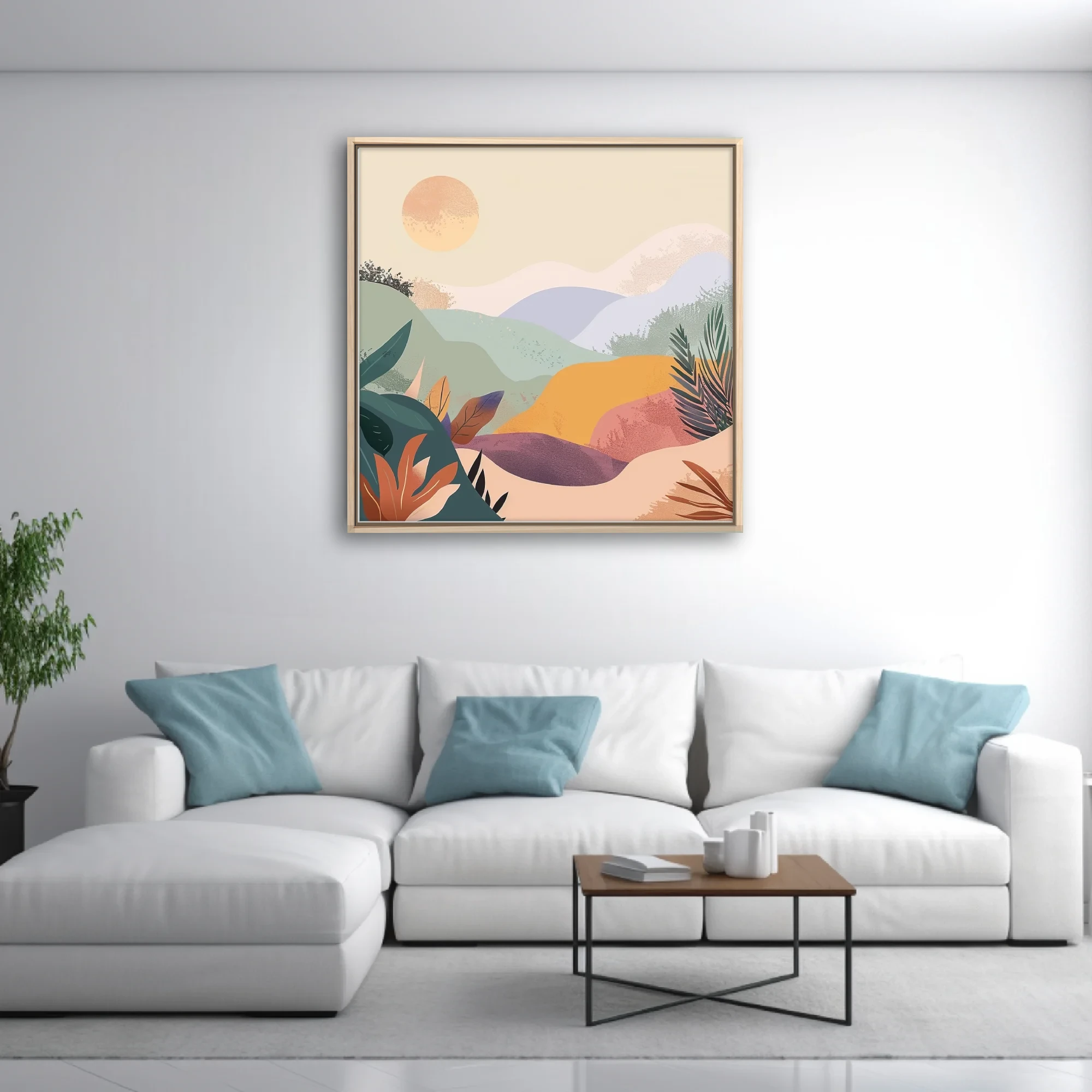Boho abstract landscape with pastel hills, botanical motifs, and warm luminous orb