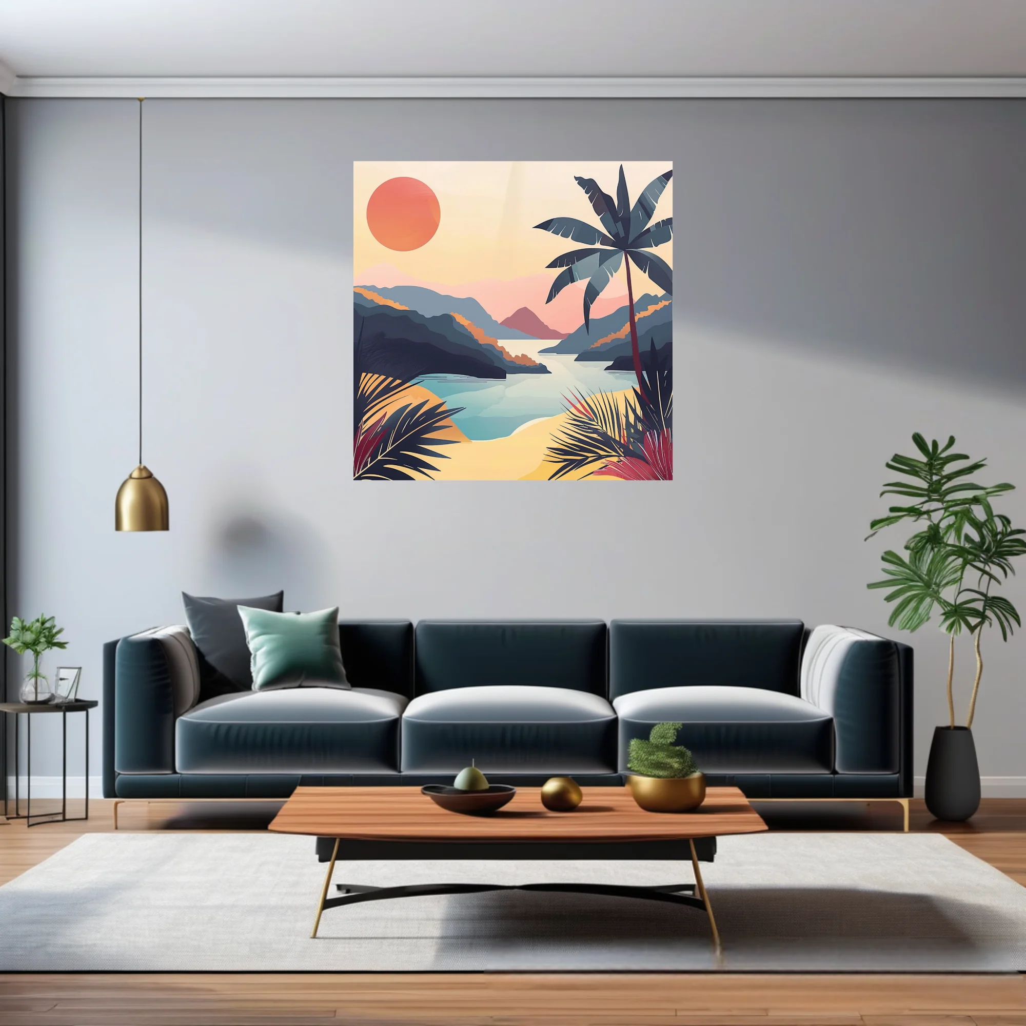 Retro flat-graphic tropical landscape with coral sun, palm silhouette, and teal bay