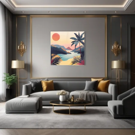 Retro flat-graphic tropical landscape with coral sun, palm silhouette, and teal bay