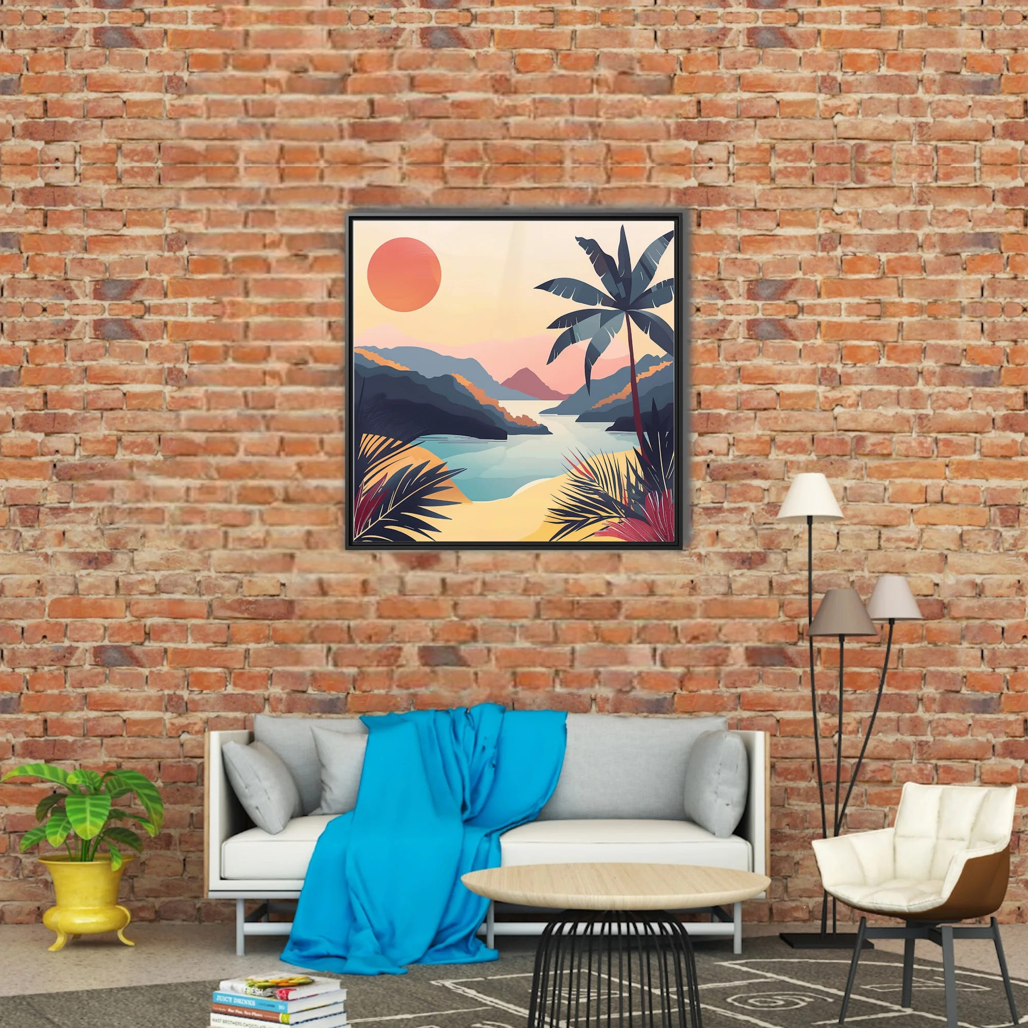 Retro flat-graphic tropical landscape with coral sun, palm silhouette, and teal bay