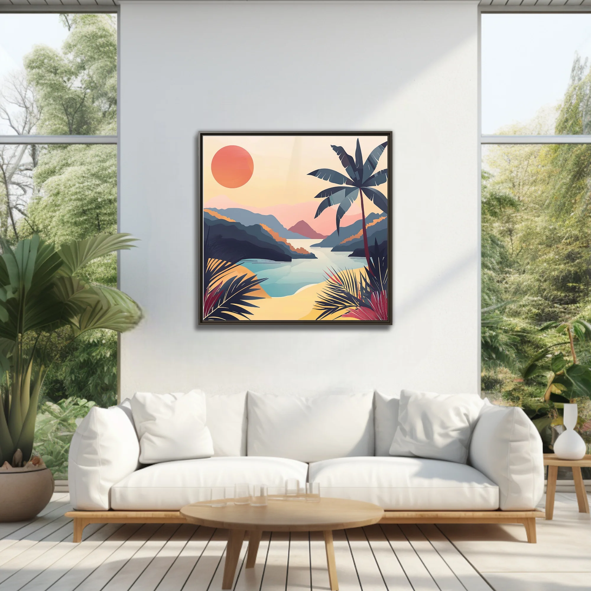 Retro flat-graphic tropical landscape with coral sun, palm silhouette, and teal bay