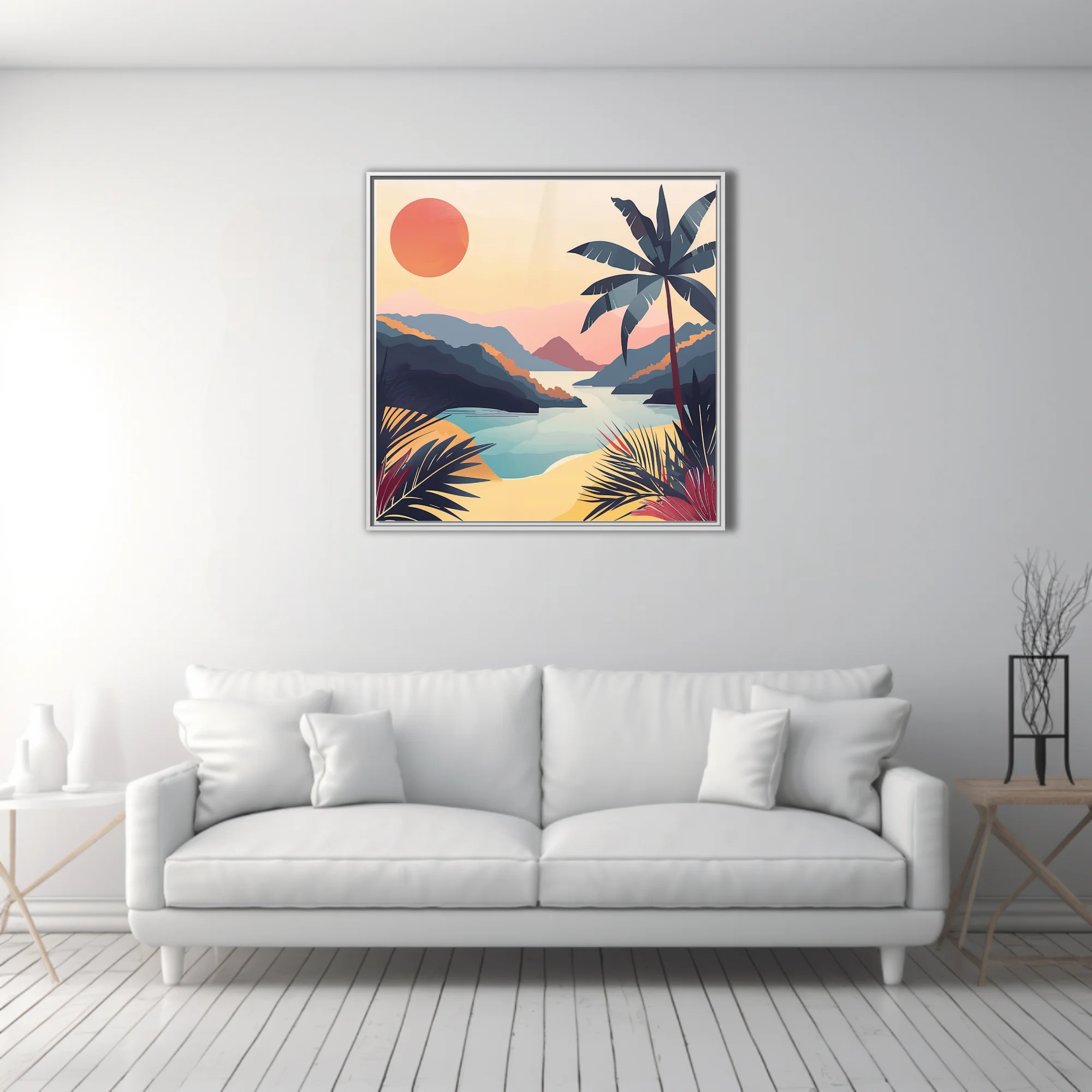 Retro flat-graphic tropical landscape with coral sun, palm silhouette, and teal bay