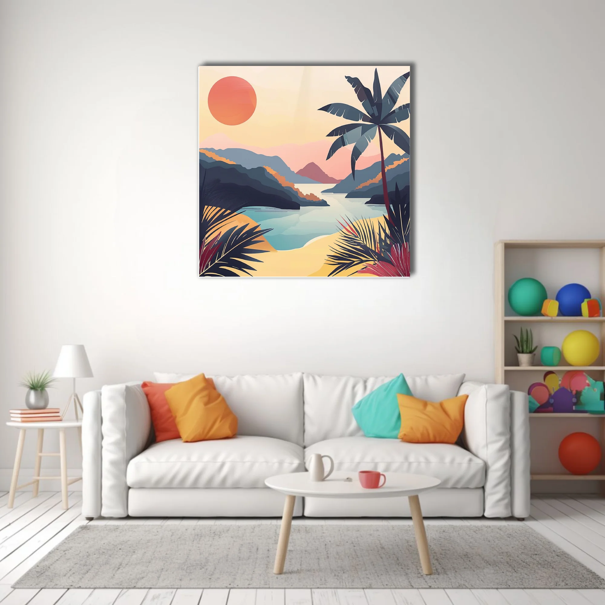 Retro flat-graphic tropical landscape with coral sun, palm silhouette, and teal bay