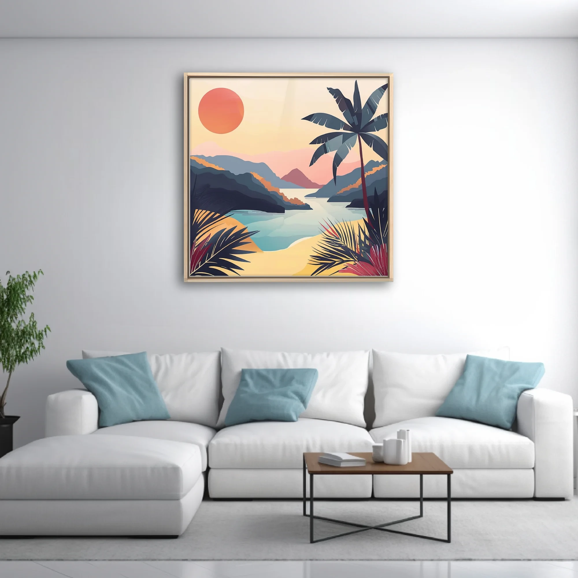Retro flat-graphic tropical landscape with coral sun, palm silhouette, and teal bay