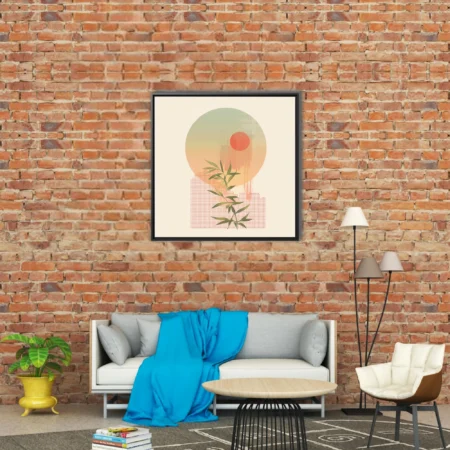 Boho abstract landscape with botanical stems, coral sun, and halftone geometric shapes