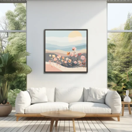 Boho abstract landscape with pastel wildflowers, layered hills, and soft sunrise