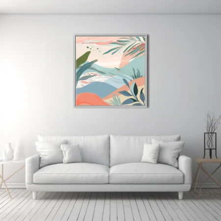 Boho abstract landscape with pastel coral, teal, and sage botanical motifs