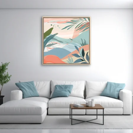 Boho abstract landscape with pastel coral, teal, and sage botanical motifs