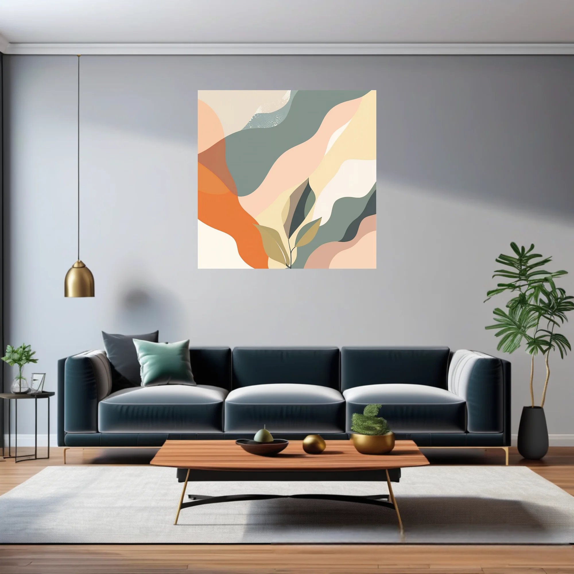 Boho abstract landscape with sage, peach, and orange flowing shapes and botanical motifs