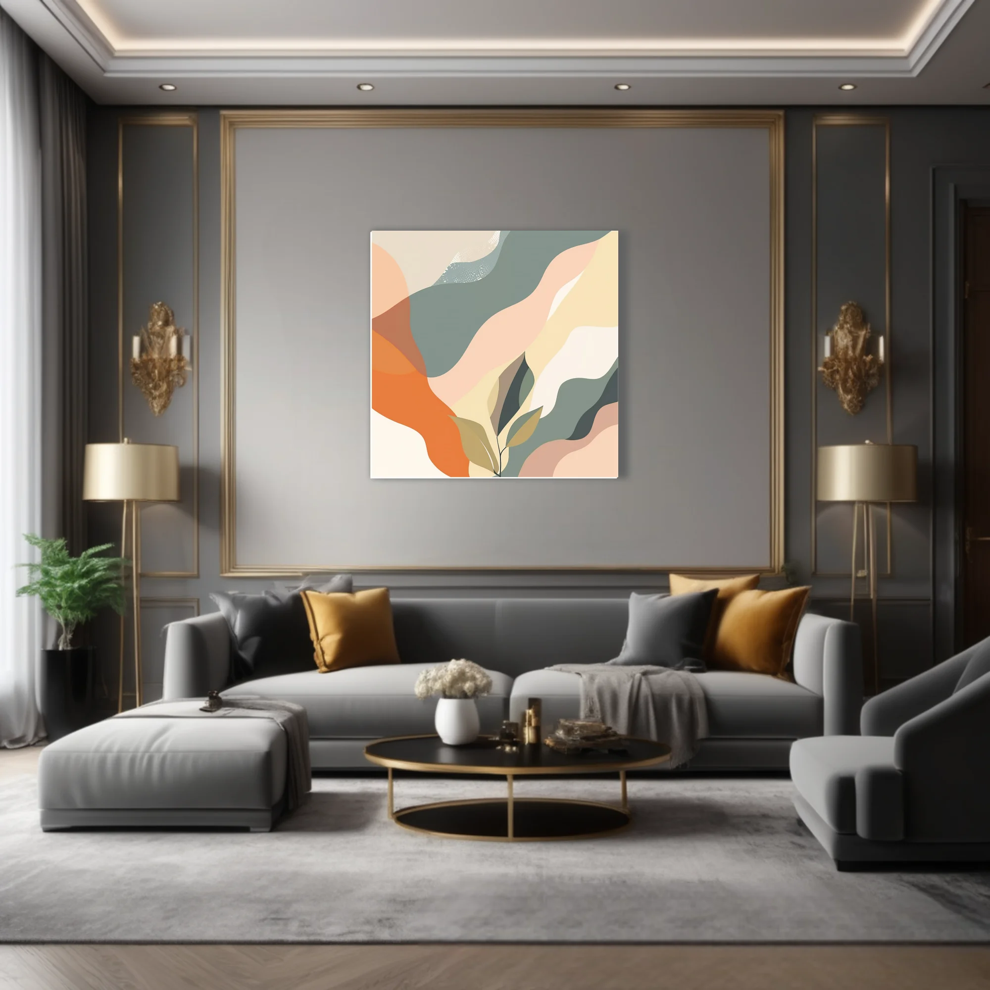 Boho abstract landscape with sage, peach, and orange flowing shapes and botanical motifs