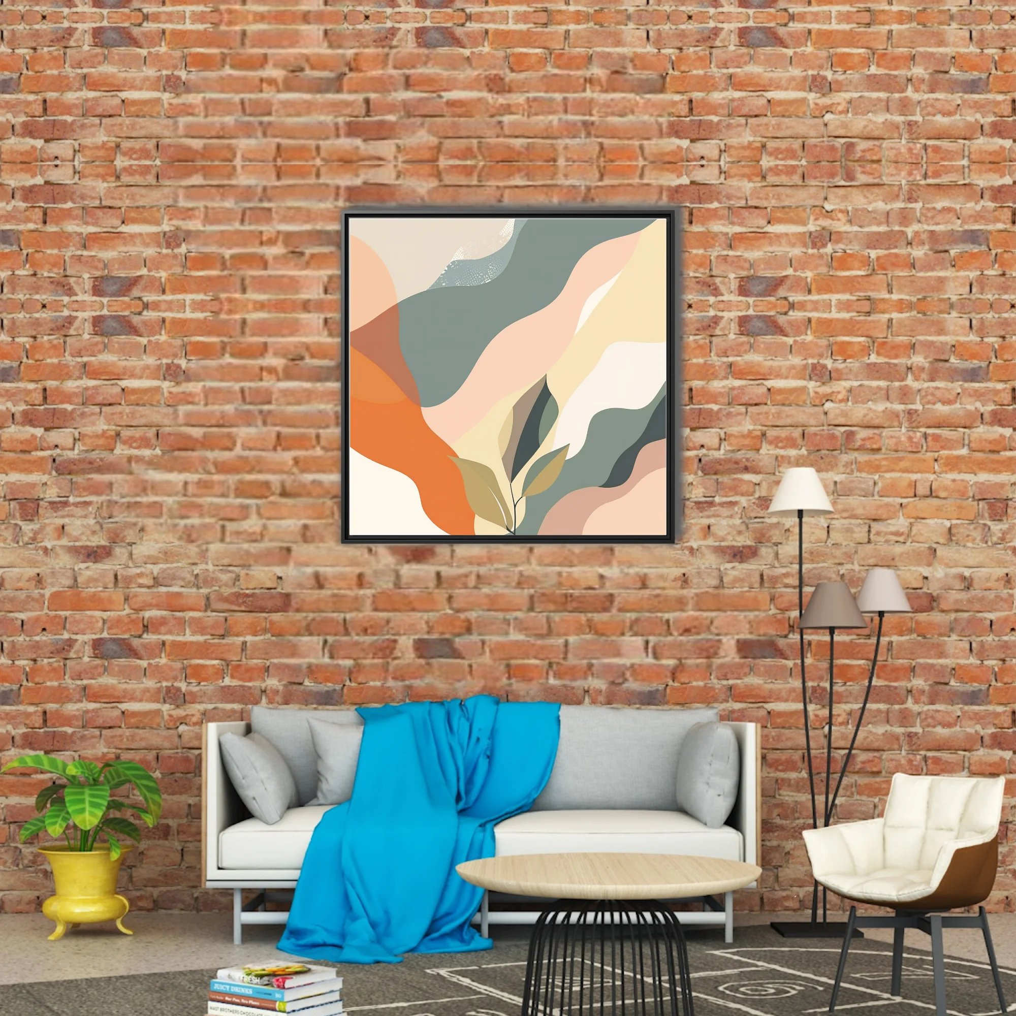 Boho abstract landscape with sage, peach, and orange flowing shapes and botanical motifs