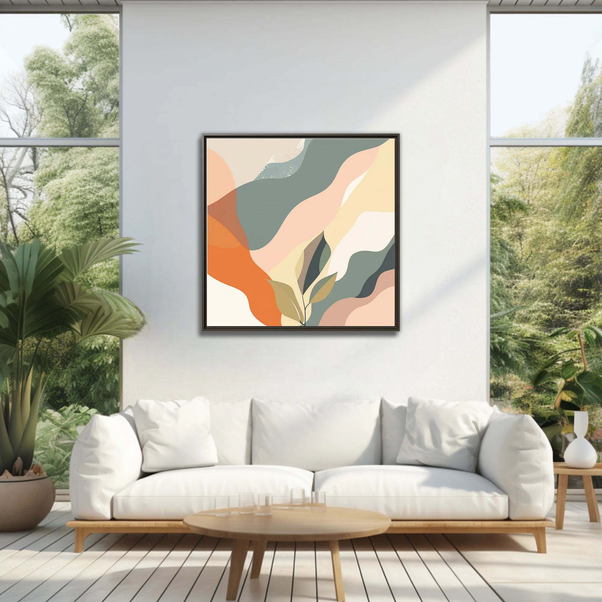 Boho abstract landscape with sage, peach, and orange flowing shapes and botanical motifs