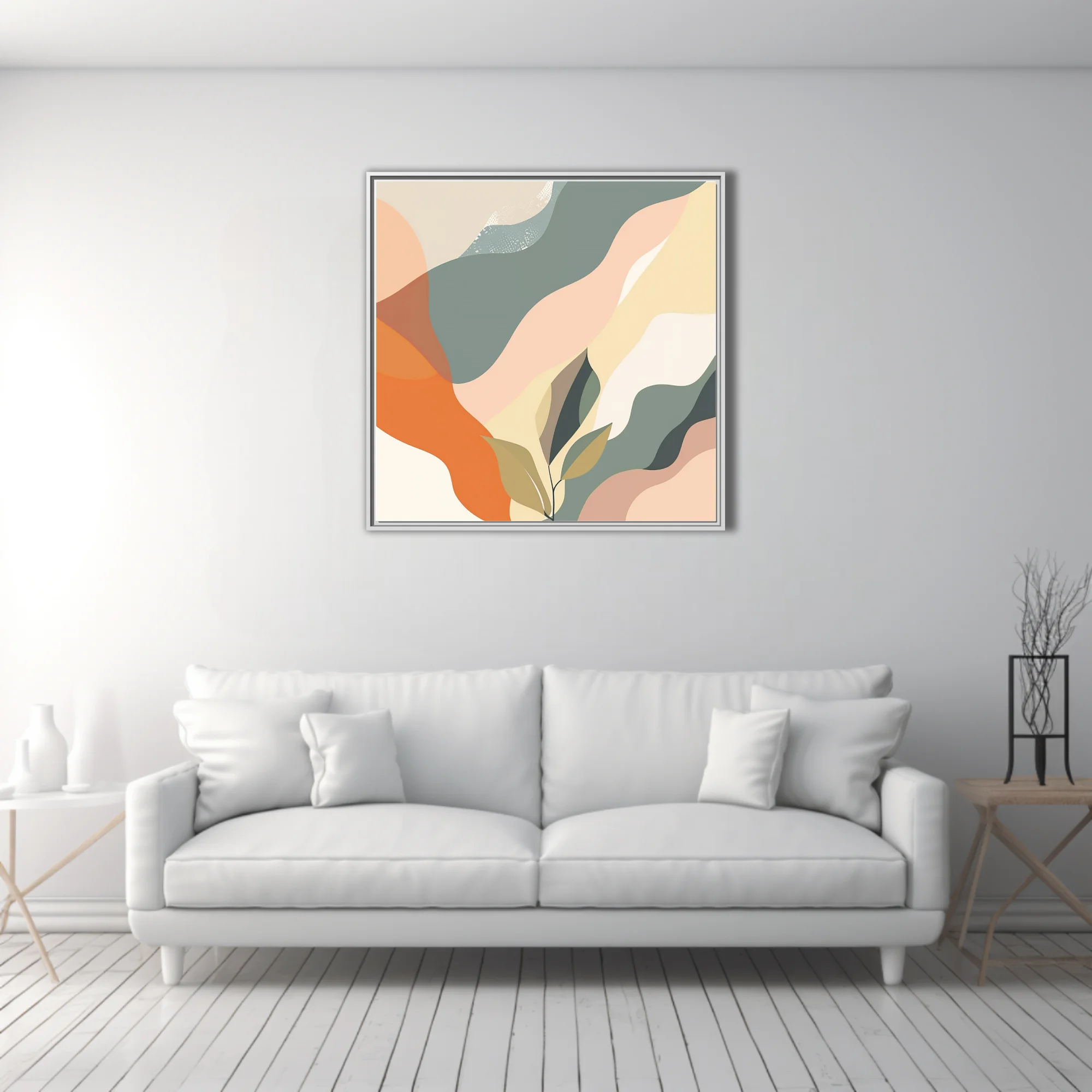 Boho abstract landscape with sage, peach, and orange flowing shapes and botanical motifs