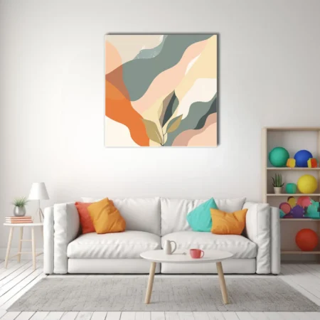 Boho abstract landscape with sage, peach, and orange flowing shapes and botanical motifs