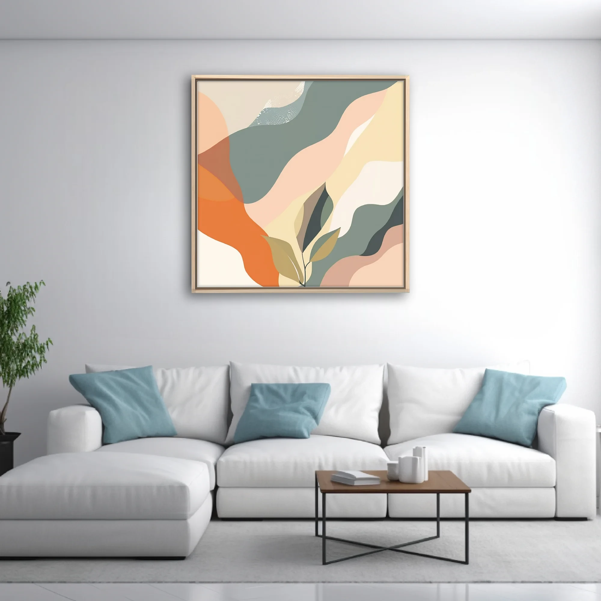 Boho abstract landscape with sage, peach, and orange flowing shapes and botanical motifs