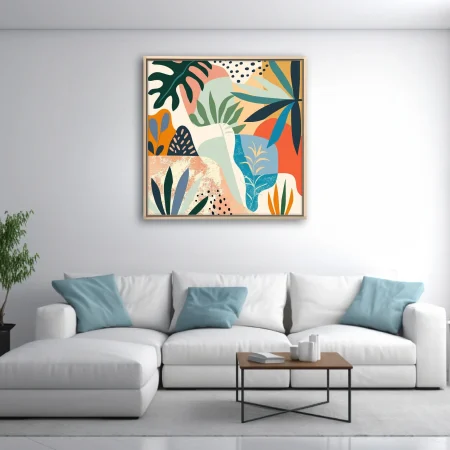 Boho abstract botanical collage with tropical leaves, coral, teal, and mustard tones