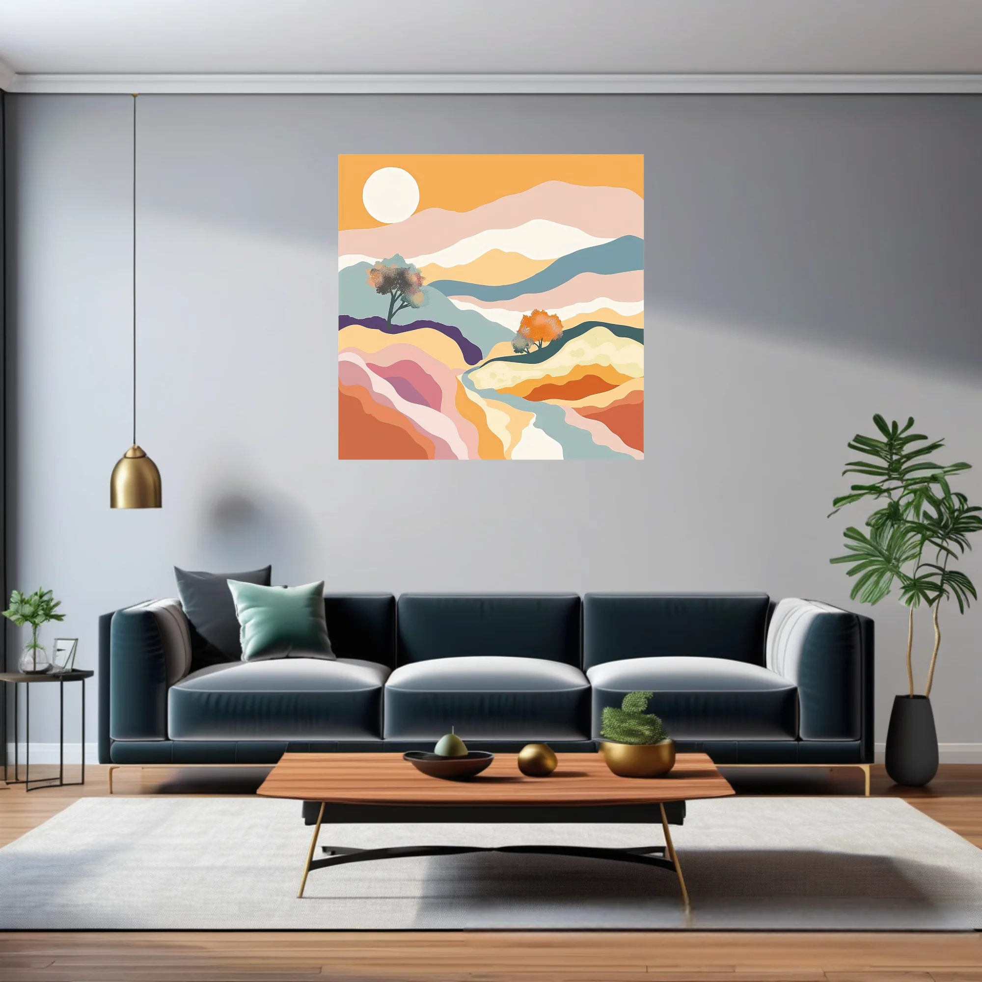 Boho abstract landscape with pastel layers, terracotta tones, and warm golden sun