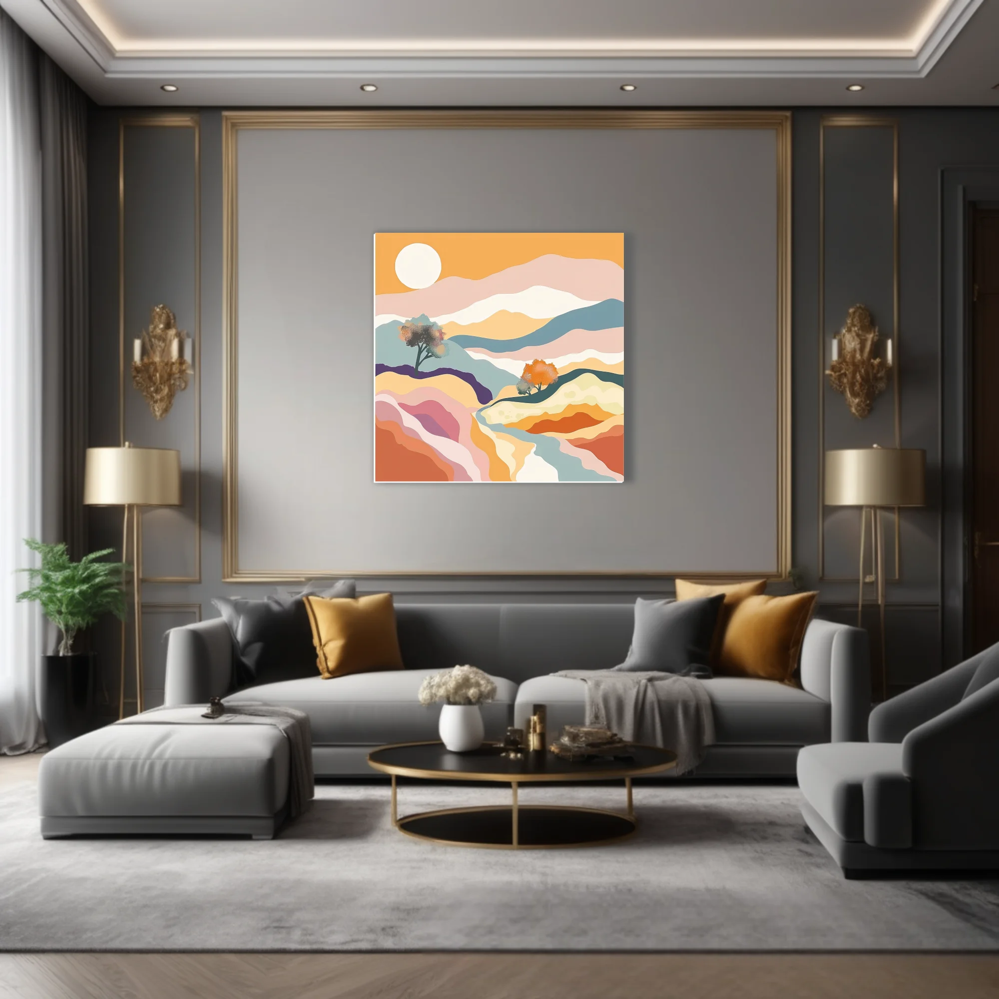 Boho abstract landscape with pastel layers, terracotta tones, and warm golden sun