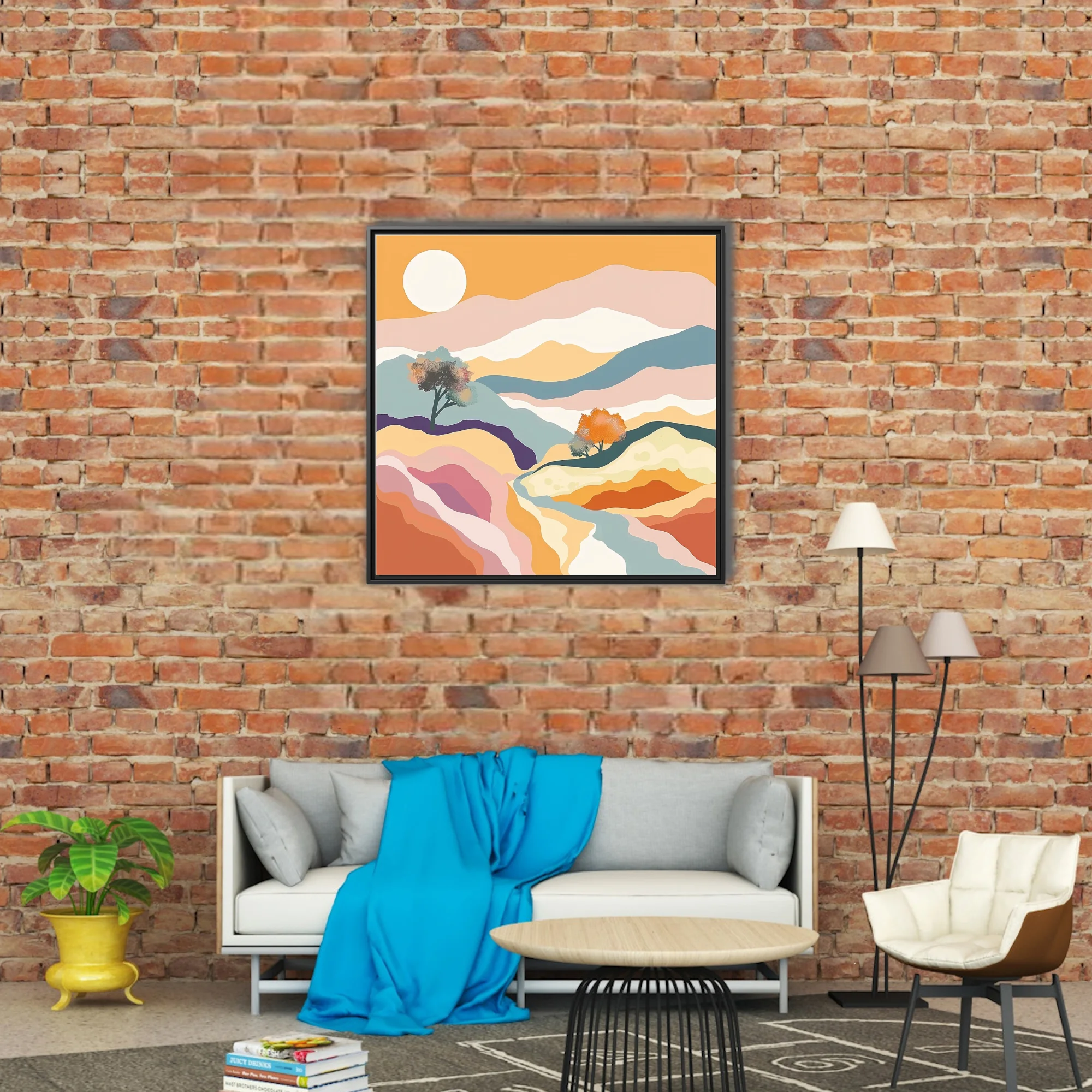 Boho abstract landscape with pastel layers, terracotta tones, and warm golden sun