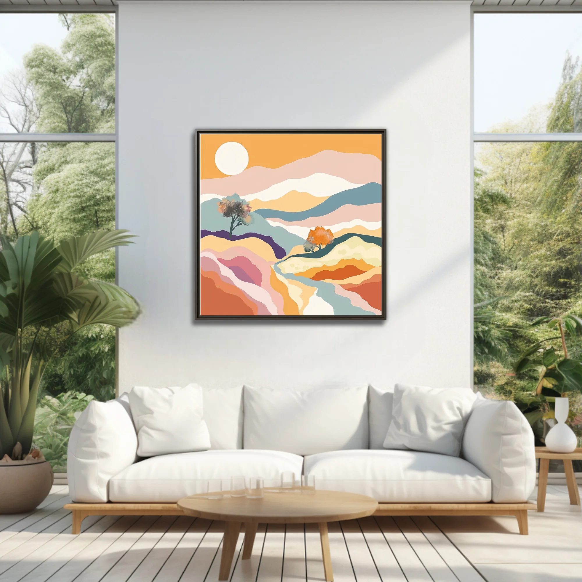 Boho abstract landscape with pastel layers, terracotta tones, and warm golden sun