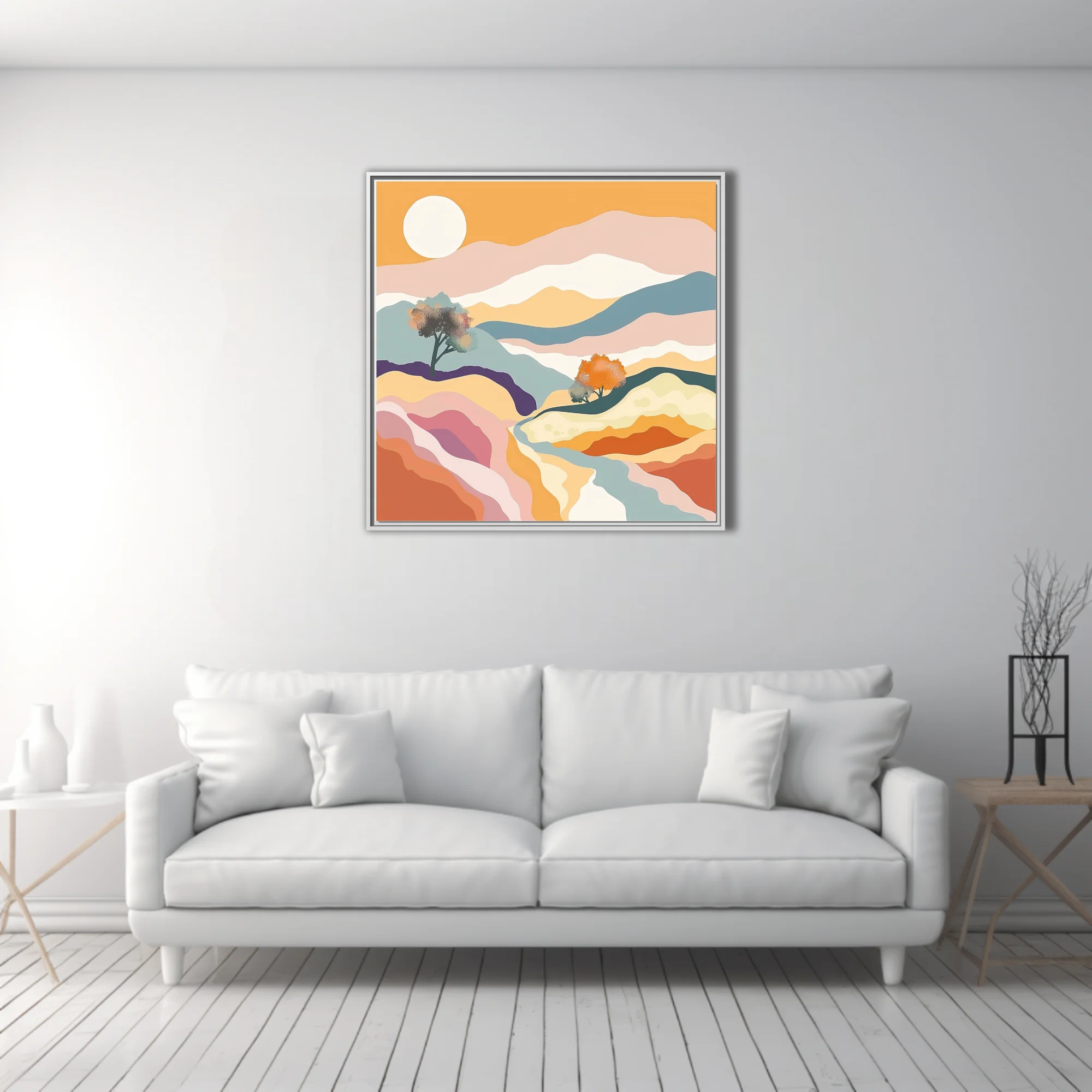 Boho abstract landscape with pastel layers, terracotta tones, and warm golden sun