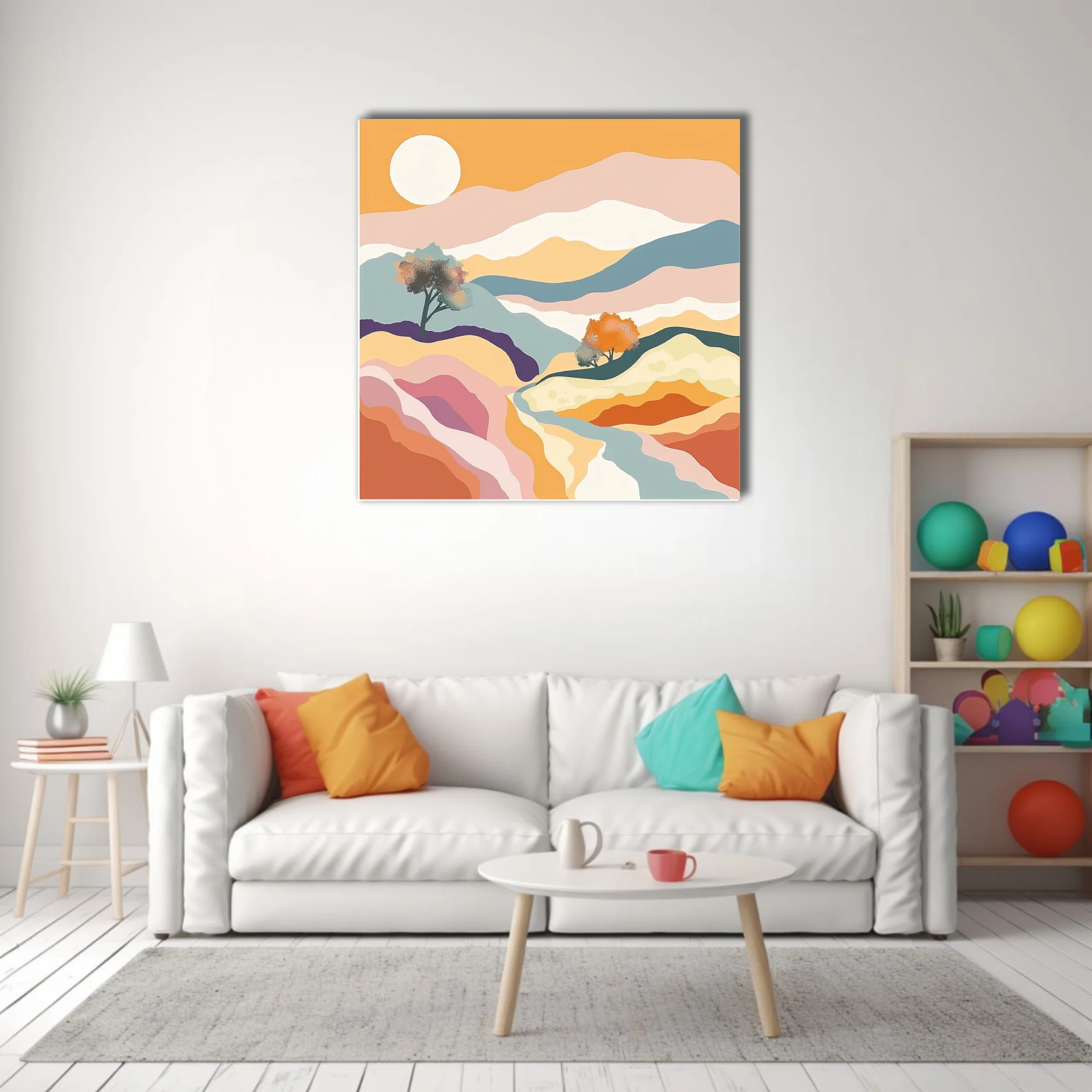 Boho abstract landscape with pastel layers, terracotta tones, and warm golden sun