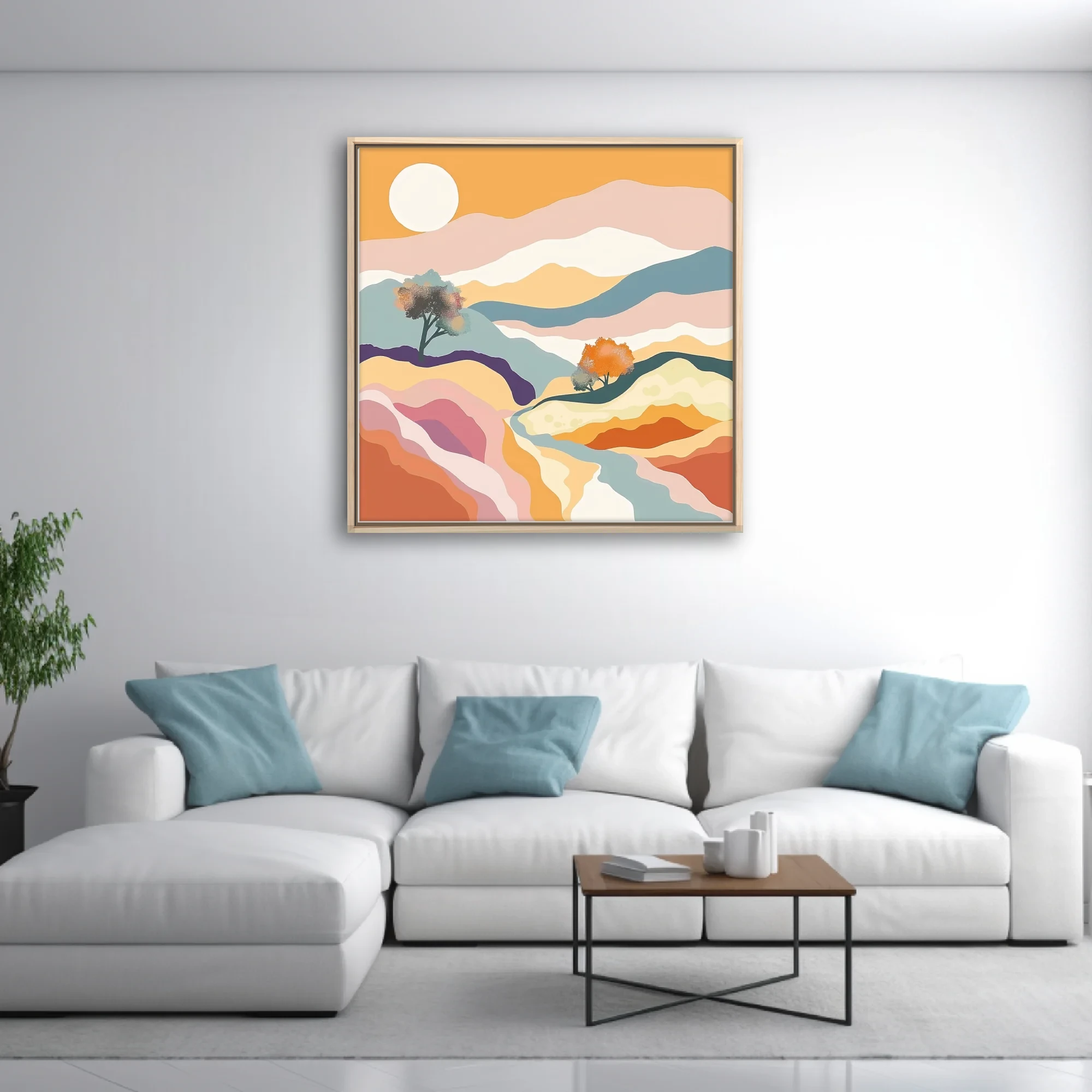 Boho abstract landscape with pastel layers, terracotta tones, and warm golden sun