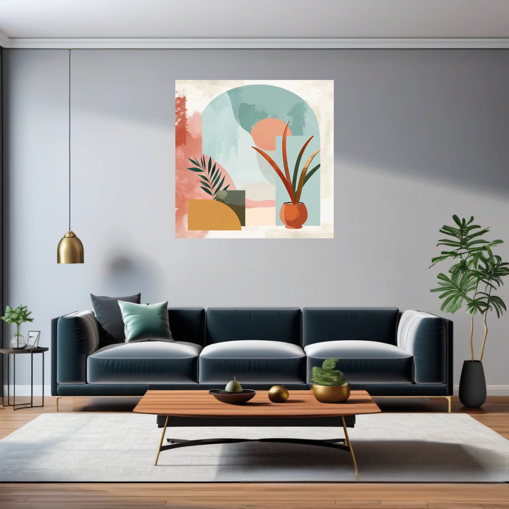 Boho abstract composition with botanical forms, terracotta pot, teal arch, and pastel earthy tones