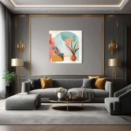 Boho abstract composition with botanical forms, terracotta pot, teal arch, and pastel earthy tones