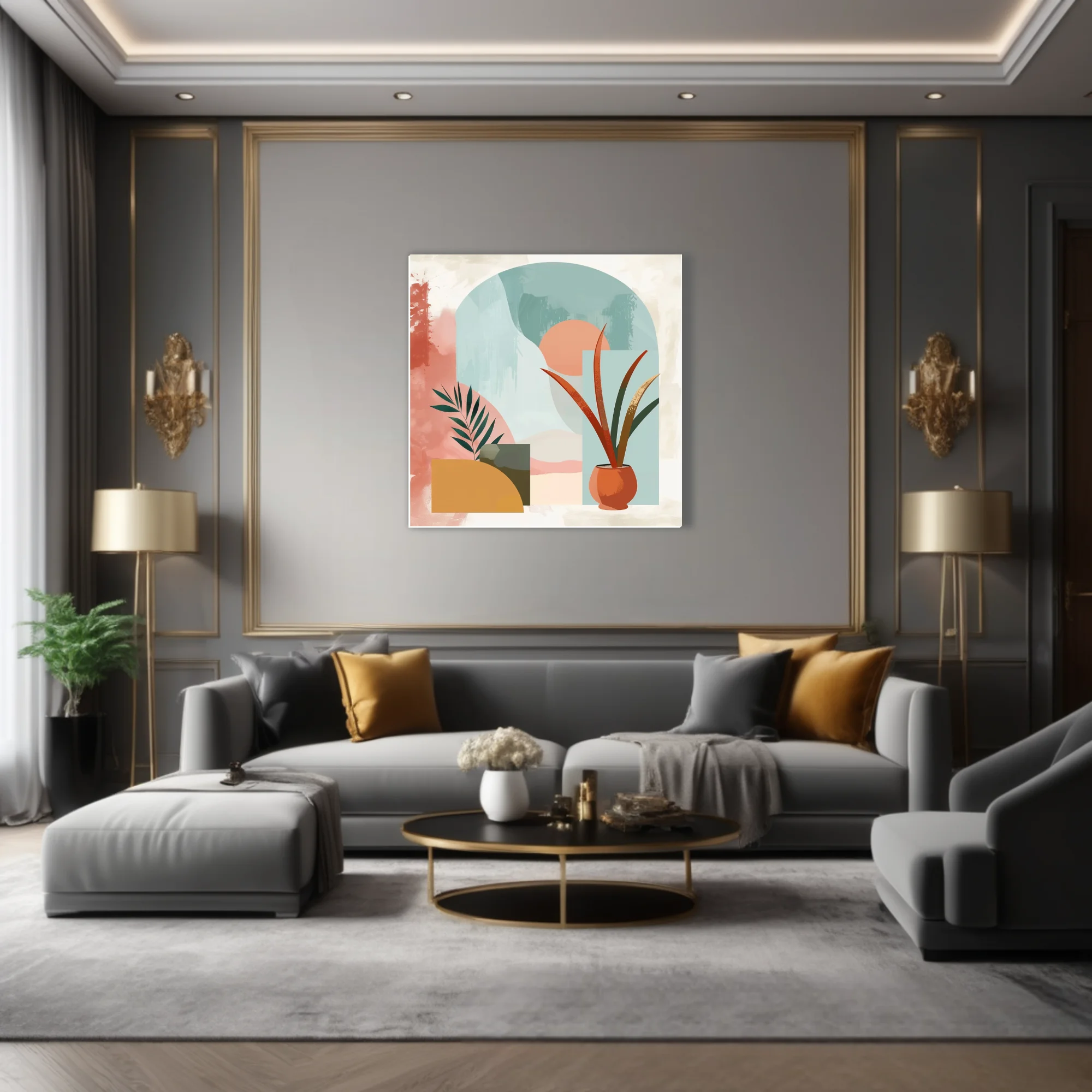 Boho abstract composition with botanical forms, terracotta pot, teal arch, and pastel earthy tones