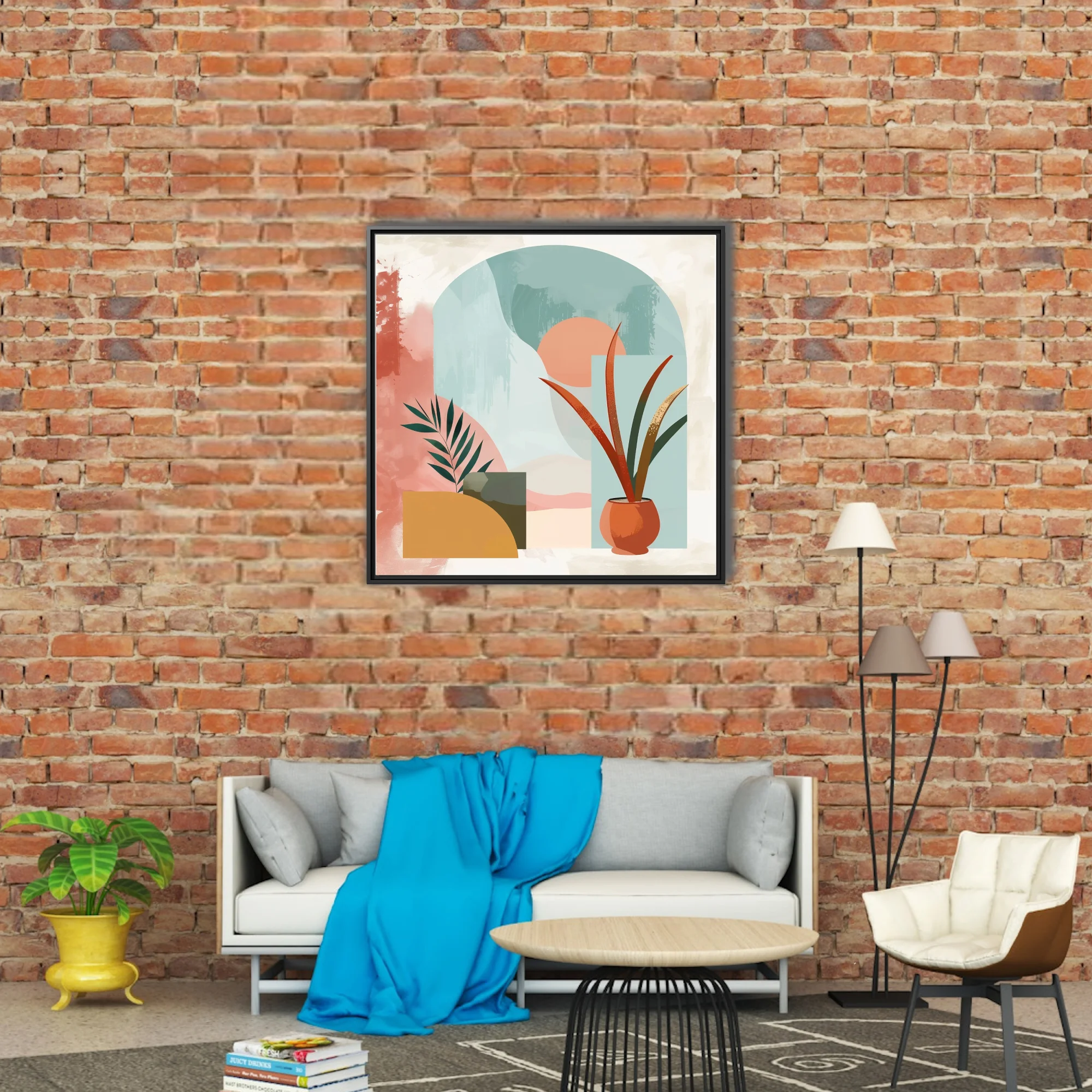 Boho abstract composition with botanical forms, terracotta pot, teal arch, and pastel earthy tones