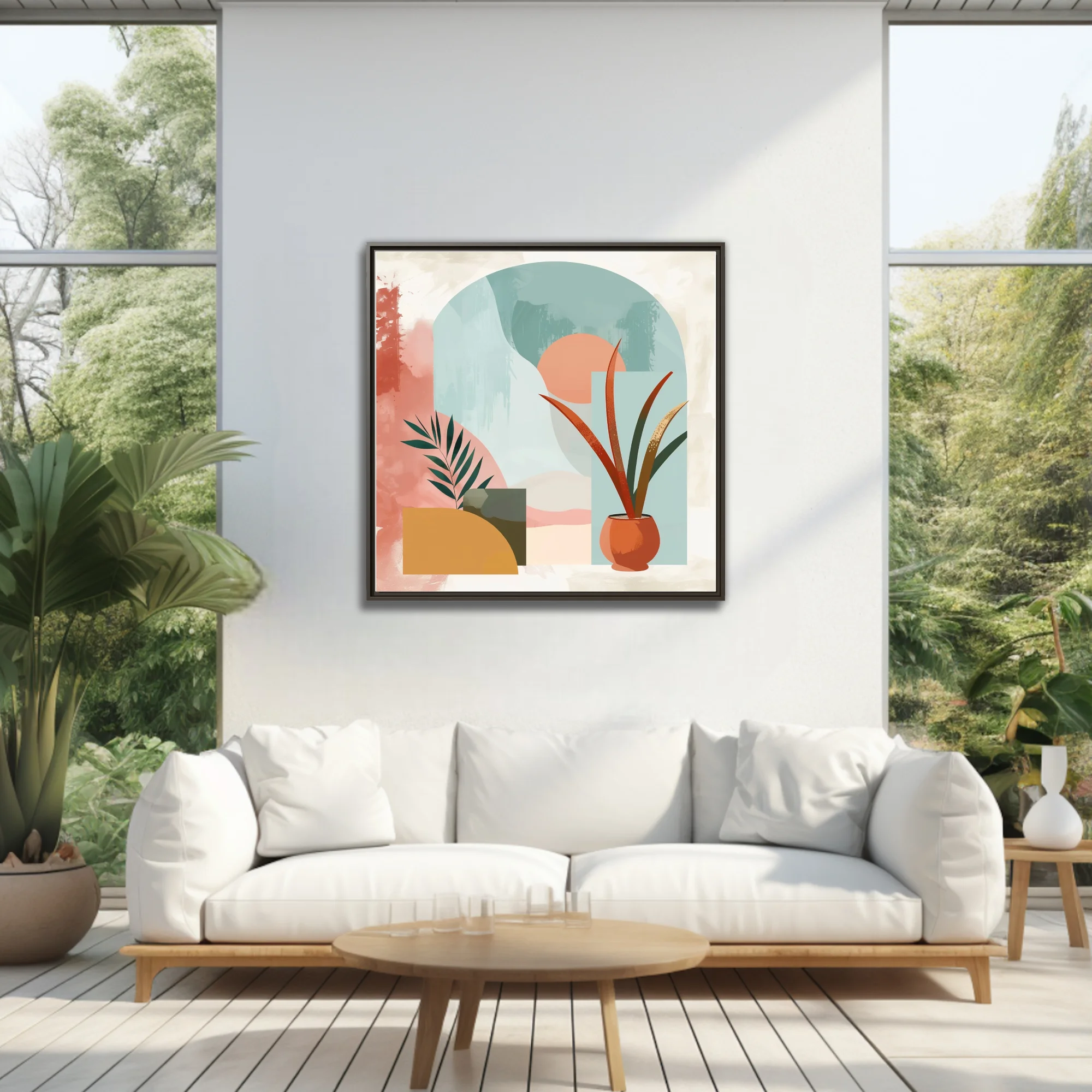 Boho abstract composition with botanical forms, terracotta pot, teal arch, and pastel earthy tones