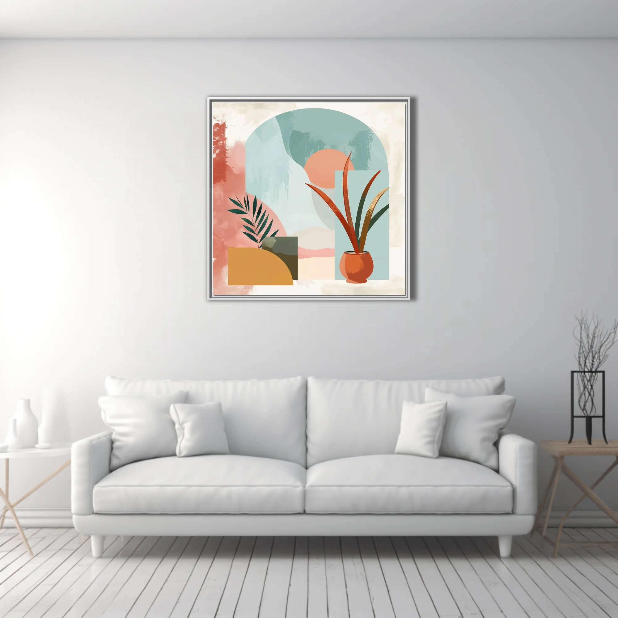 Boho abstract composition with botanical forms, terracotta pot, teal arch, and pastel earthy tones