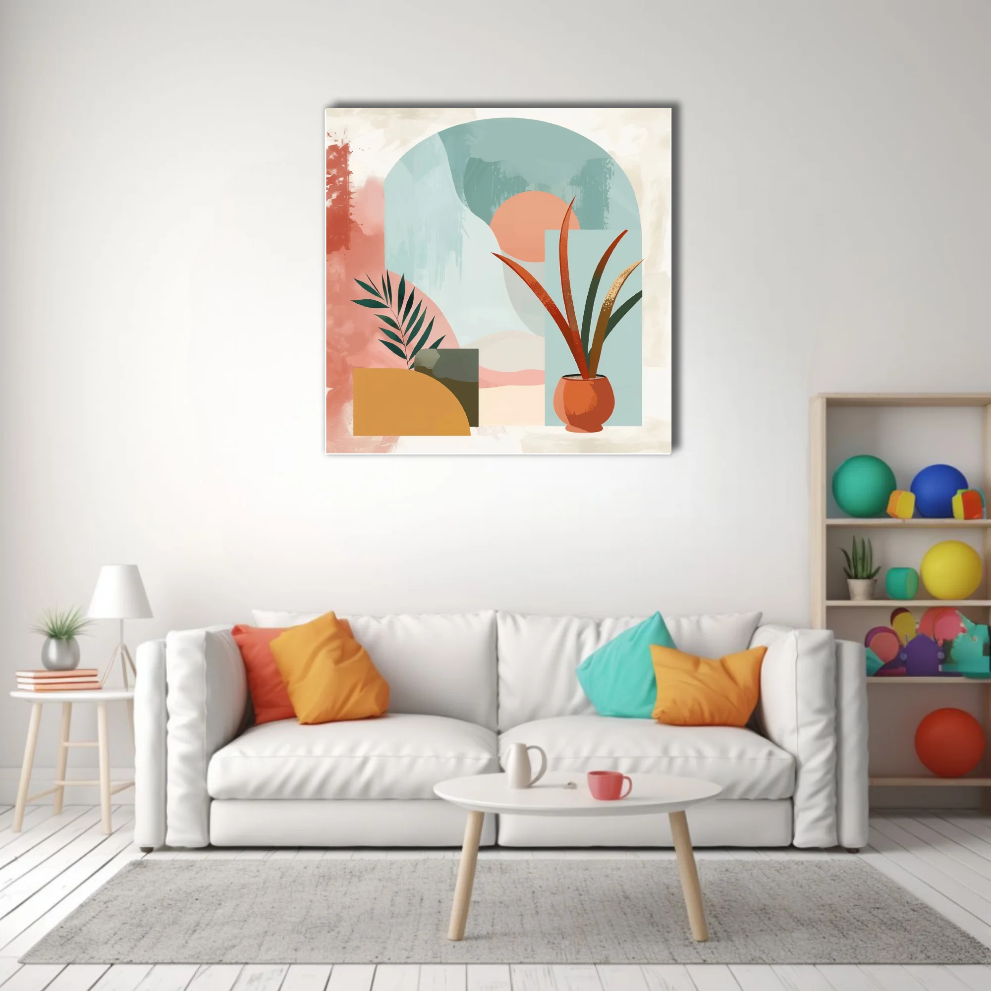 Boho abstract composition with botanical forms, terracotta pot, teal arch, and pastel earthy tones