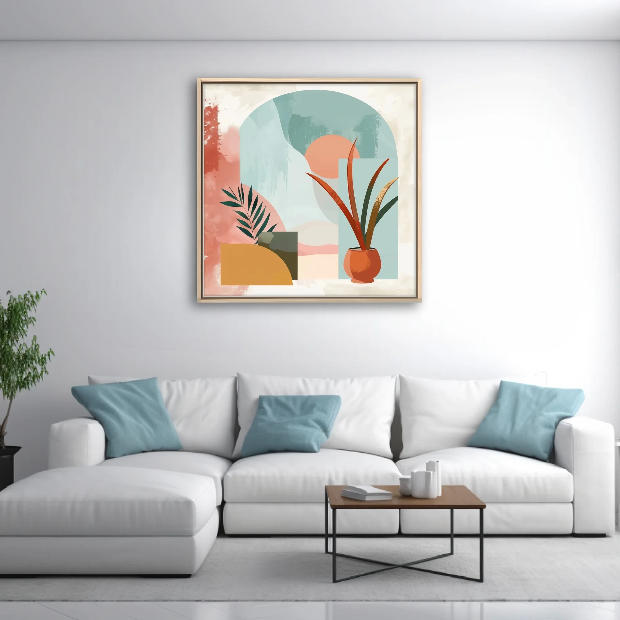 Boho abstract composition with botanical forms, terracotta pot, teal arch, and pastel earthy tones