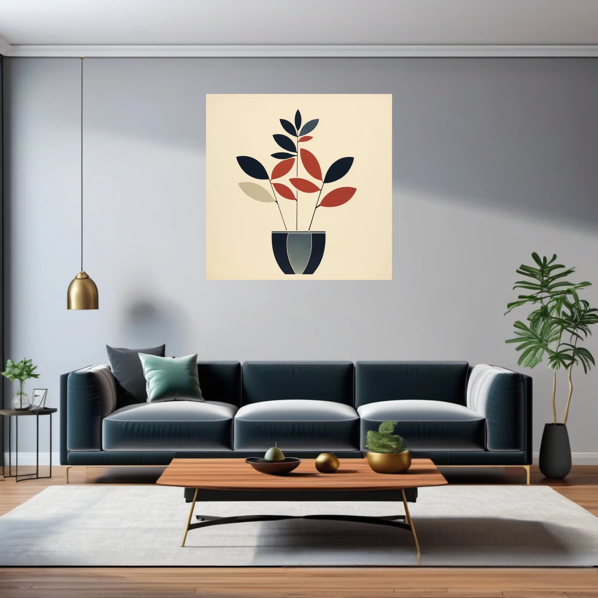 Mid-century modern minimalist botanical art, navy and terracotta leaf forms in striped pot