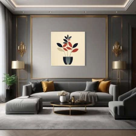 Mid-century modern minimalist botanical art, navy and terracotta leaf forms in striped pot