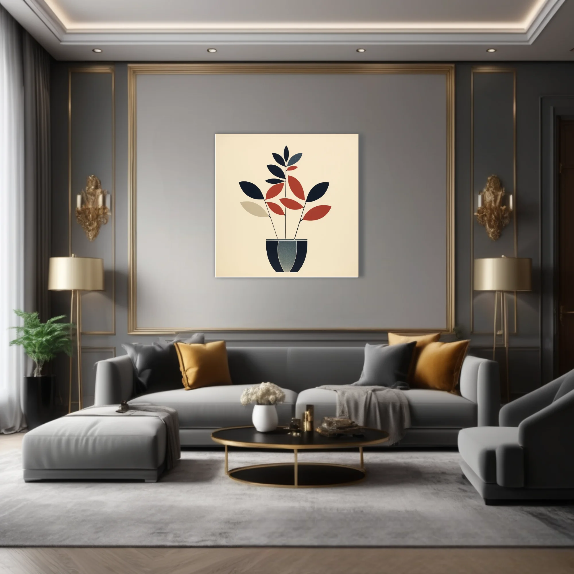 Mid-century modern minimalist botanical art, navy and terracotta leaf forms in striped pot