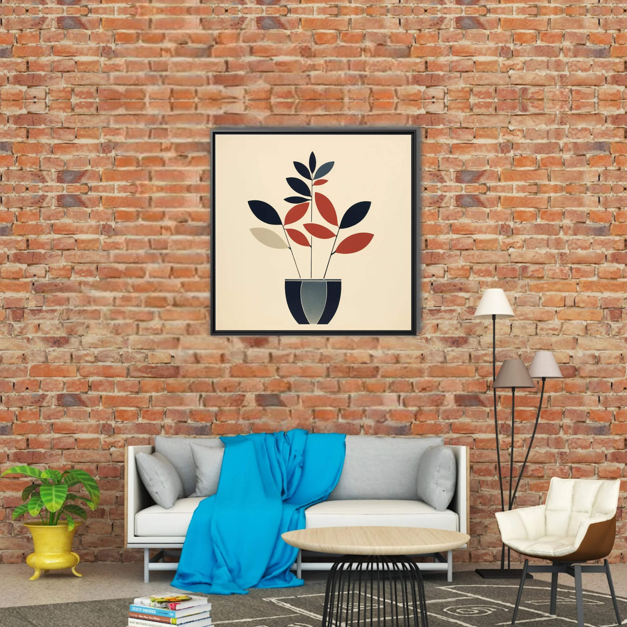 Mid-century modern minimalist botanical art, navy and terracotta leaf forms in striped pot