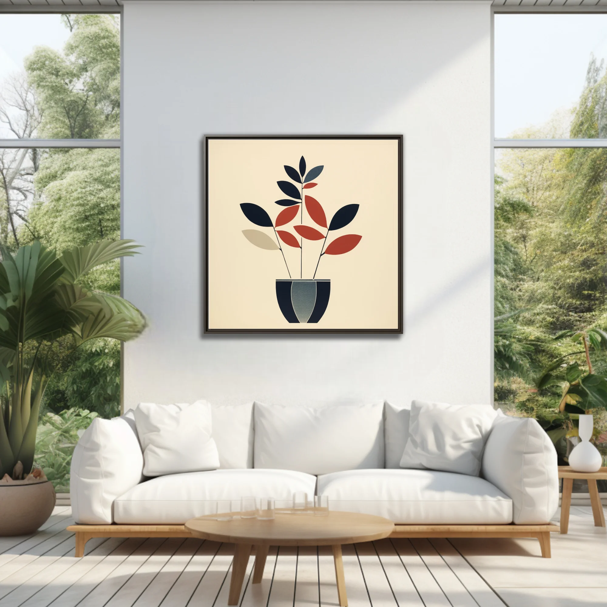 Mid-century modern minimalist botanical art, navy and terracotta leaf forms in striped pot