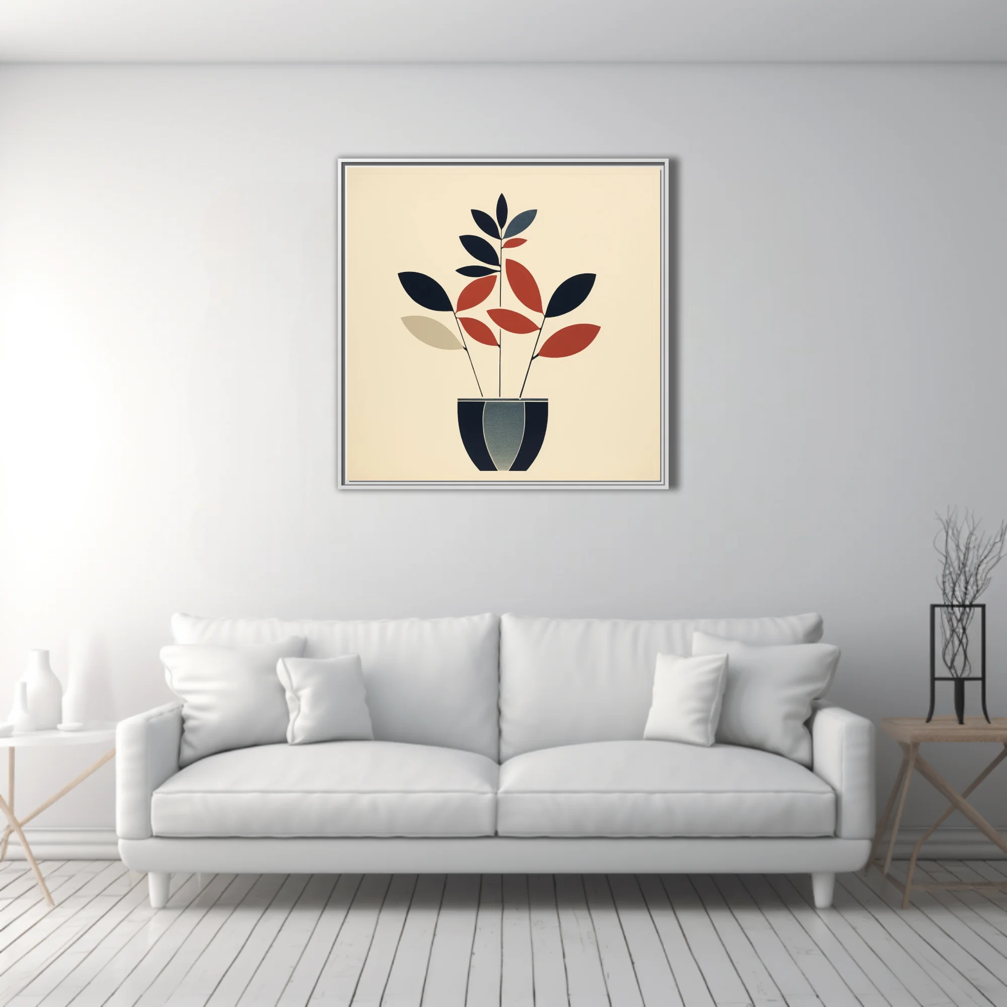 Mid-century modern minimalist botanical art, navy and terracotta leaf forms in striped pot