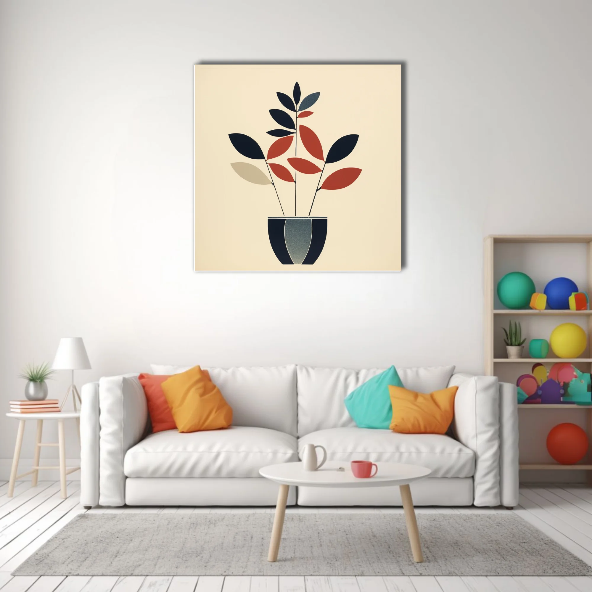 Mid-century modern minimalist botanical art, navy and terracotta leaf forms in striped pot