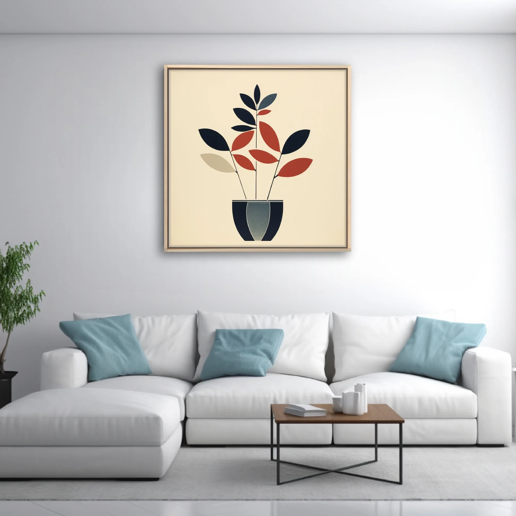 Mid-century modern minimalist botanical art, navy and terracotta leaf forms in striped pot