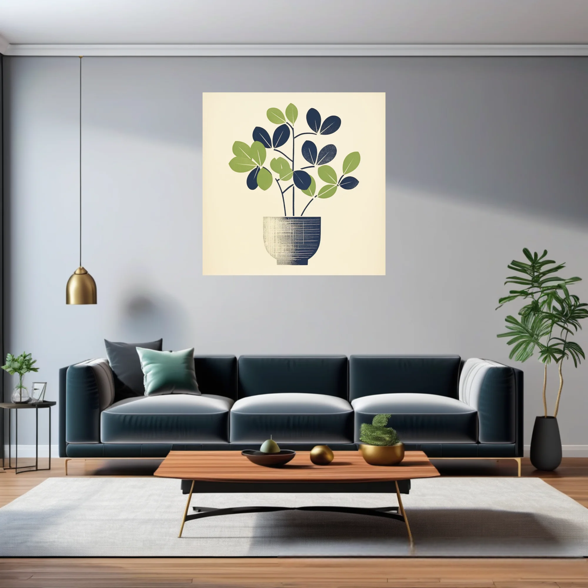 Mid-century minimalist potted plant art, navy and green linocut-style print