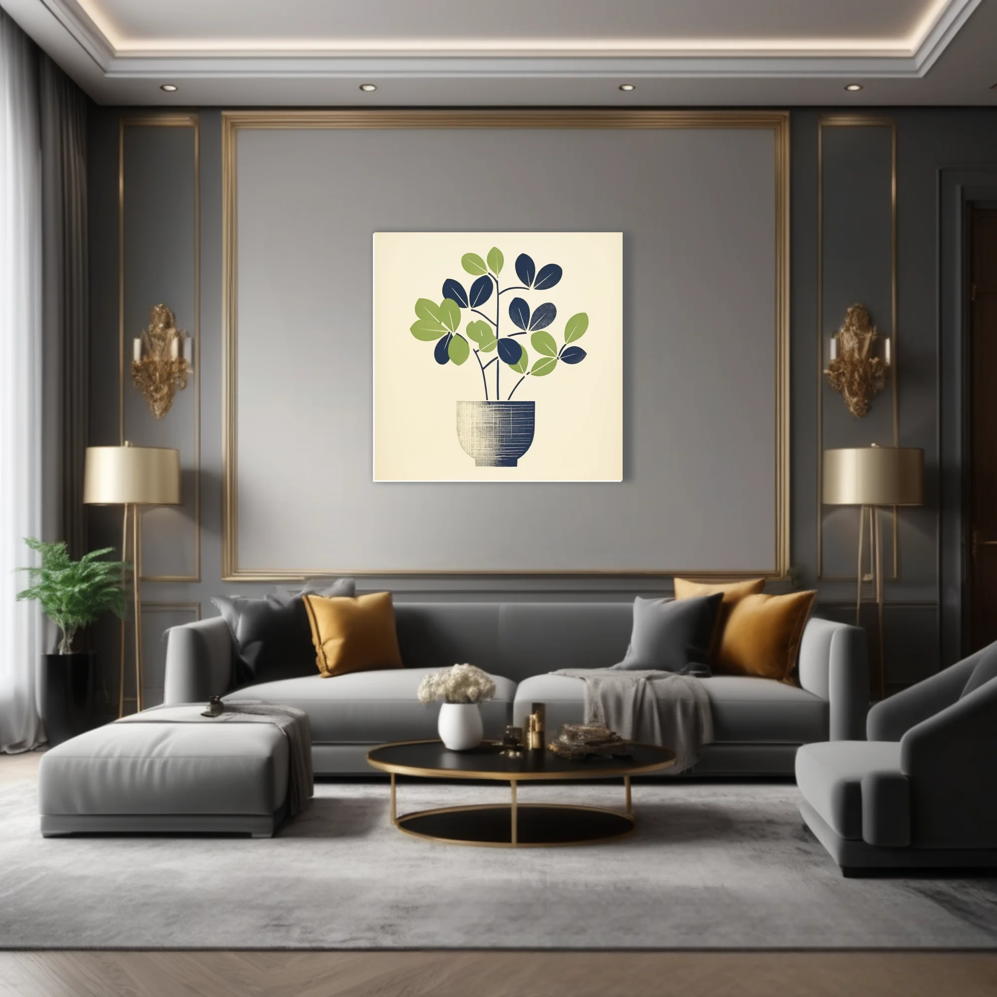Mid-century minimalist potted plant art, navy and green linocut-style print