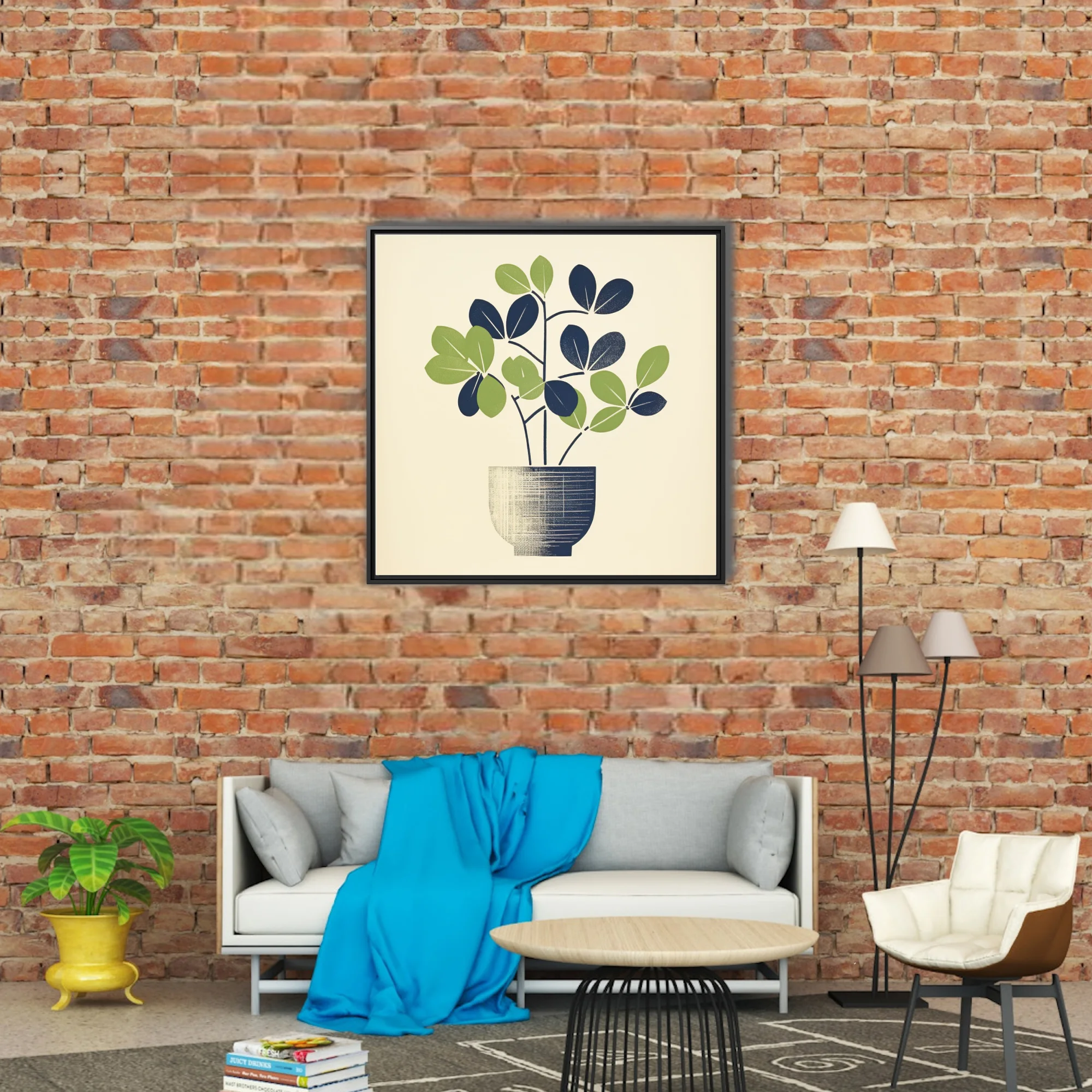 Mid-century minimalist potted plant art, navy and green linocut-style print