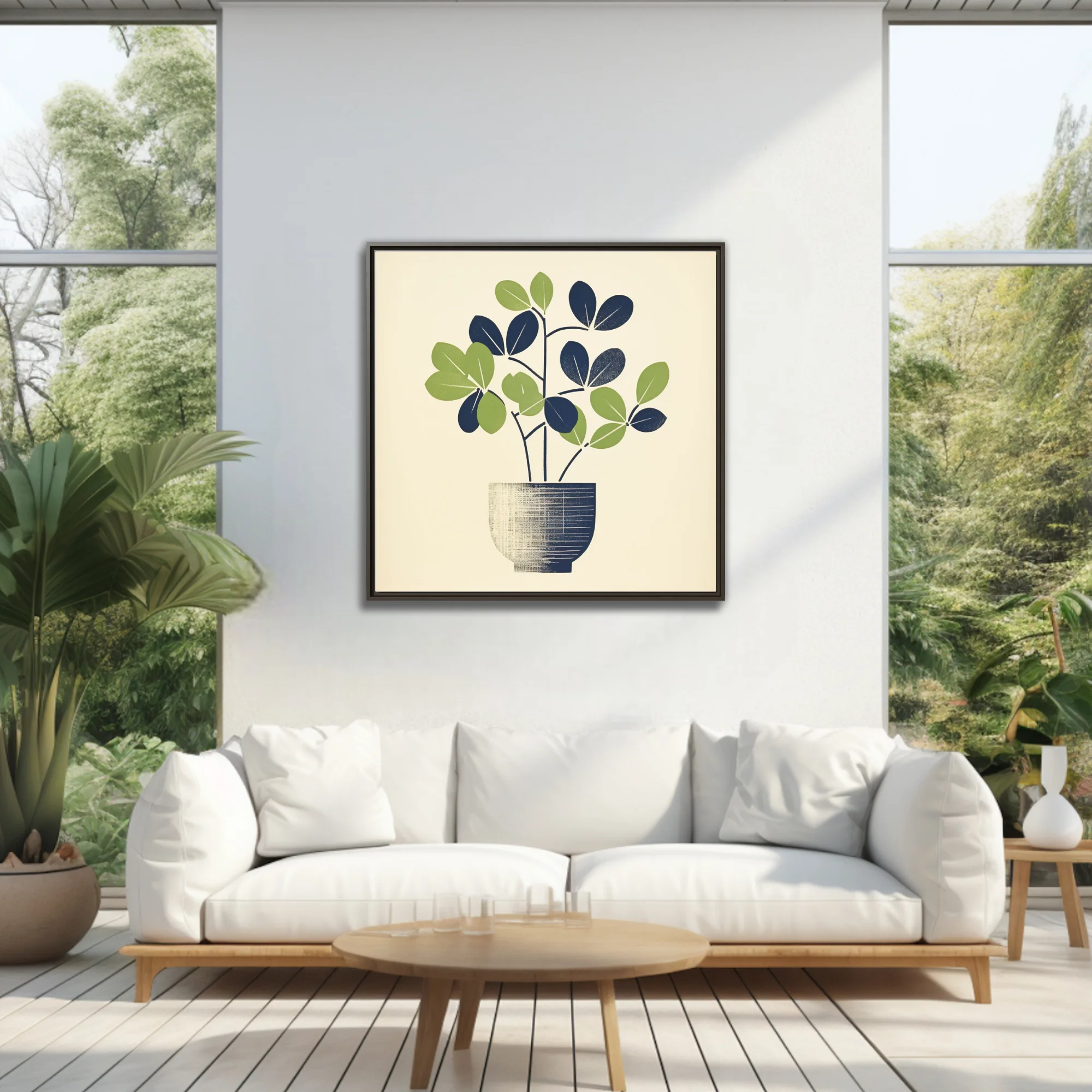 Mid-century minimalist potted plant art, navy and green linocut-style print