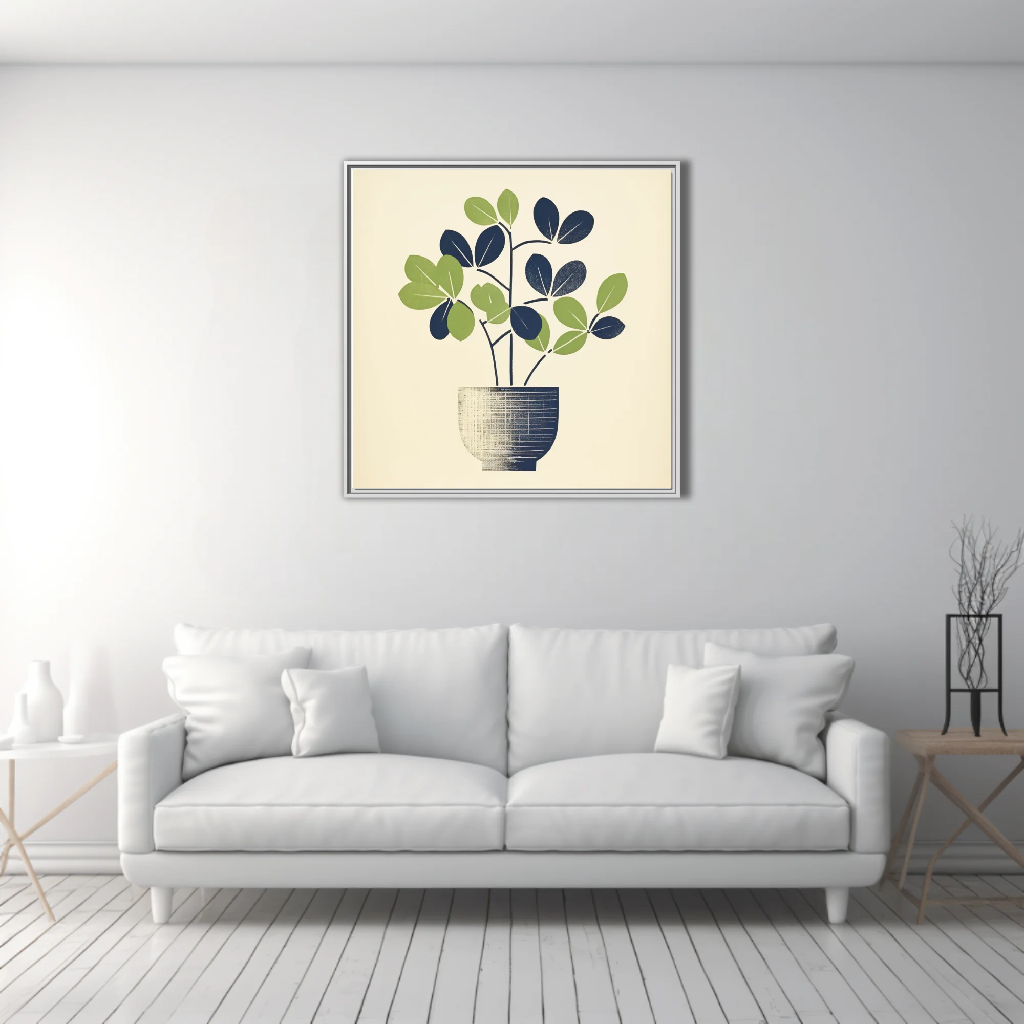 Mid-century minimalist potted plant art, navy and green linocut-style print