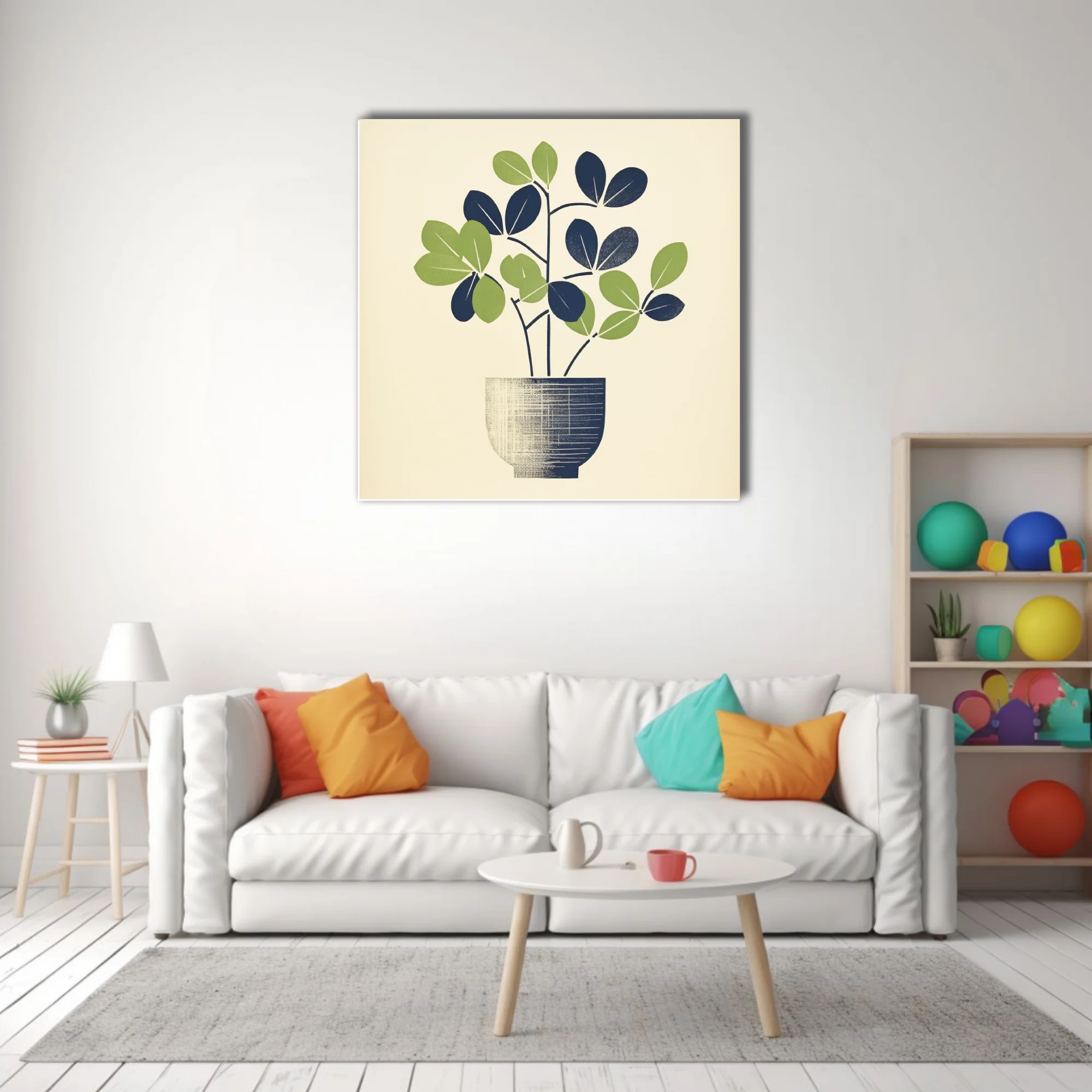 Mid-century minimalist potted plant art, navy and green linocut-style print